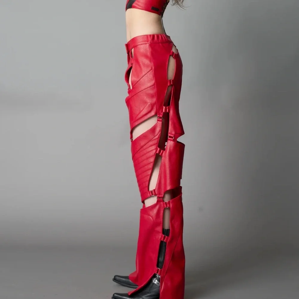 NWOT Namalia Red Cut-Out Wide Leg Pants - Picture 3 of 9